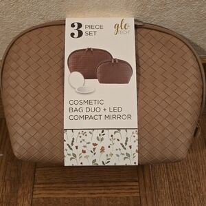 Glow Tech Cosmetic 3 Piece Set Mocha Color Bag Duo Led Compact Mirror